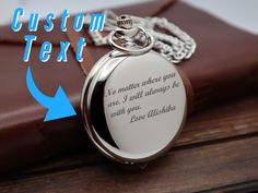 ⌚ Introducing our exquisite Personalized Laser Engraved Pocket Watch, a timeless piece that combines elegance and sentimentality. Crafted with precision, each watch is custom engraved with your chosen design, making it a truly unique and meaningful gift.  ⏰ Whether you're celebrating a wedding, anniversary, or any special occasion, this pocket watch serves as a profound symbol of everlasting memories and deep connections. ❤️ Its classic design exudes sophistication and refinement, making it a stunning accessory for any gentleman's ensemble. From the Father of the Bride to the cherished groomsmen, this personalized gift is sure to evoke heartfelt appreciation and create lasting impressions. ✅ Embrace the opportunity to create a lasting keepsake that captures the essence of your loved one's Gold Engraved Stainless Steel Pocket Watch, Vintage Engraved Watch Accessories As Gift, Timeless Engraved Stainless Steel Watch, Engraved Stainless Steel Watches For Formal Occasions, Stainless Steel Pocket Watch With Round Dial For Gift, Elegant Locket Pocket Watch For Gift, Stainless Steel Pocket Watch As Gift, Engraved Silver Stainless Steel Watch, Formal Engraved Stainless Steel Watches