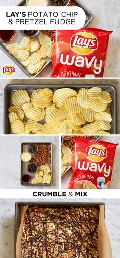 three pictures showing different types of food in trays and on the same side, including chips