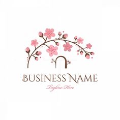 the logo for a flower shop with pink flowers and leaves on it's branches