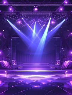 an empty stage with purple lighting and spotlights