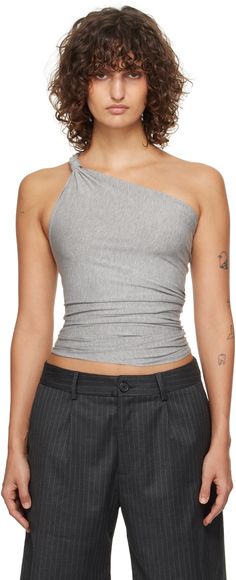 Stretch viscose jersey tank top. Gathering throughout. · Asymmetric single-shoulder construction · Knotted accent at shoulder strap Supplier color: Grey Jersey Tank Top, Tank Top Camisole, Apparel Accessories, Shoulder Strap, Top Brands, Tank Top, Tank Tops, Luxury Fashion, Outfit Accessories