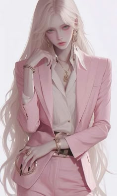 a woman with long white hair wearing a pink suit