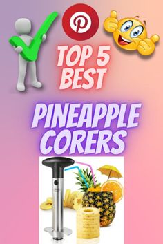 the top 5 best pineapple corers are in this image, and there is a cartoon figure next to them