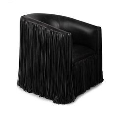 a black leather chair with fringes on it