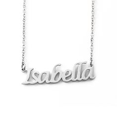 "White Gold Plated Personalised Necklace Pendant A Wonderful Gift for Mother's Day, Birthdays, Thank You, Wedding, Engagement or any other Special Occasion *~ comes with Free Gift Box & Gift Bag ~* Exceptionally High Quality Solid Product at an Amazing Price! ~ Tested & Certified by the UK's Largest Assay Office ~ Necklace Thickness : 1mm approx Necklace Height : 5-8mm approx Necklace Width : 30mm to 70mm approx, depends on how many letters are in the name. Weight : 5g to 10g depending o Isabella Name, Office Necklace, Customized Name Necklace, Personalised Necklace, Necklace Name, Name Pendant, Gold Name Necklace, Birthday List, Custom Name Necklace