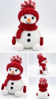 crocheted snowman with red hat and scarf