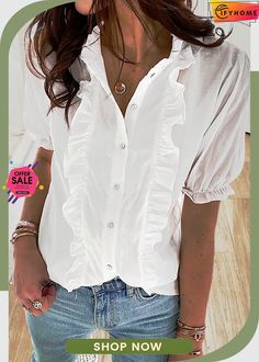 White Ruffled Button Down Shirt Cozy Wear, Puff Sleeve Shirt, Wholesale Shirts, White Eyelet, Black Ruffle, Button Shirt, Daily Outfits, Black Shirt, Black Fashion