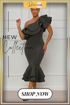 One Shoulder Ruffle Pack Hip Fishtail Evening Dress Elegant Fitted One-shoulder Dress With Ruffles, Elegant Spring Mermaid Dress With Ruffles, Chic Fitted One-shoulder Ruffle Dress, Chic Ruffled Mermaid Dress For Spring, Chic Fishtail Dress With Ruffles, Black Fishtail Dress With Ruffles, Summer Fishtail Dresses With Ruffles, Chic Off-shoulder Asymmetrical Dress With Ruffles, Evening One-shoulder Dress With Ruffles And Asymmetrical Hem