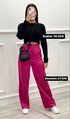 Pink Pants Outfit Winter, Fucsia Pants Outfit, Pantalon Rosa Outfit, Outfit Pantalon Rosa, Outfits Fucsia, Red Trousers Outfit, Casual Pullover Outfit, Fall Outfits For Work