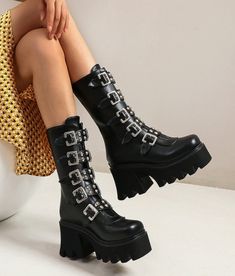 ᡣ𐭩 You can find them on FashionChingu as:  Black Gladiator Boots - Miyeon - (G)I-DLE #gidle #bootsforwomen #fashionchingu Indie Outfits Girl, Rockabilly Fashion Plus Size, Boots Emo, Emo Boots, Indie Outfits Ideas, Mid High Boots, Combat Boots For Women, Cute Womens Shoes, Gladiator Boots