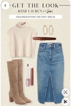 Casual Outfit For Thanksgiving, Outfit Ideas For Holidays, Lunch Fall Outfit, Lauren Kay Sims Outfit, Cabi Outfits Ideas Daily Look, Oyster Roast Outfit Fall, Jean Dress Winter Outfit, Megan Markle Fashion, Winter Denim Dress Outfit