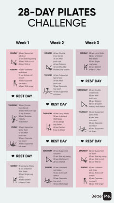 the 28 day pilates challenge is shown in pink and black