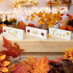 fall decorations with leaves and pumpkins in the background