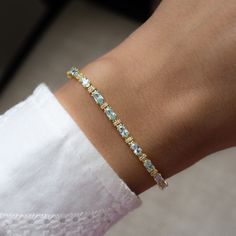 "This beautiful, vibrant tennis bracelet features alternating oval-cut aquamarine and round solitaire stones. It looks great stacked or on its own! It is a unique piece that's one-of-a-kind and beautiful!! - - - D E T A I L S  - - - * Made of 925 Sterling Silver * THICK plating of 14k Gold or Rhodium  * Available in 6.25\" or 6.75\"  or 7\" + .5\" Extension  * Lobster Clasp Closure  * Nickel-free & Hypoallergenic  * Made of Highest Grade CZ stones for an authentic Aquamarine look! Made with 100% Pure Love! ♡ Happy to answer any questions you may have! 🥰 Let's Connect! 🥰 IG: samijewels_" Aquamarine Tennis Bracelet, Gift For Myself, Jewelry Gold Bracelet, Senior Szn, Bday Wishlist, Aquamarine Bracelet, Bracelet Tennis, Cz Bracelet, Chunky Earrings