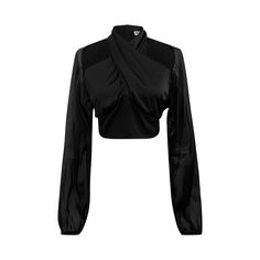 This Gorgeous Satin Blouse Pairs Elegance And Seduction. Featuring A Criss Cross Neck And Long Dramatic Shiny Sheer Sleeves. New Black Features An Elastic Waist Band For Added Comfort Crop Top Features Cut Outs 100% Polyester Imported Designed In New York Chic Black Crop Top With Sheer Sleeves, Black V-neck Tops With Sheer Sleeves, Black Crop Top With Sheer Sleeves For Fall, Black V-neck Blouse With Sheer Sleeves, Elegant Crop Top With Sheer Sleeves For Night Out, Evening V-neck Top With Sheer Sleeves, Black Crop Top With Sheer Sleeves For Party, Elegant Black Stretch Crop Top, Elegant Stretch Crop Top Blouse