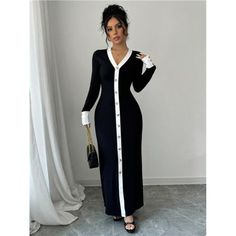 -Item Id 44145037 -Details: Button, Contrast Binding, Button Front -Neckline: V Neck -Sleeve Type: Regular Sleeve -Style: Elegant -Type: Fitted -Waist Line: Natural -Hem Shaped: Mermaid -Color: Black And White -Pattern Type: Colorblock -Sleeve Length: Extra-Long Sleeve -Fit Type: Slim Fit -Length: Long -Material: Knitted Fabric -Composition: 95% Polyester, 5% Elastane -Care Instructions: Machine Wash, Do Not Dry Clean -Sheer: No -Fabric: Slight Stretch **Open To Offers!!!** **Bundle To Save More Fitted Long Maxi Dress With Buttons, Long Fitted Maxi Dress With Buttons, Fitted Black Maxi Dress With Buttons, Black Fitted Maxi Dress With Buttons, Fitted Button-up Maxi Dress, Fitted Button-up Maxi Dress With Buttons, Chic White Maxi Dress With Buttons, Elegant Black Maxi Dress With Button Closure, Chic Long Dress With Buttons