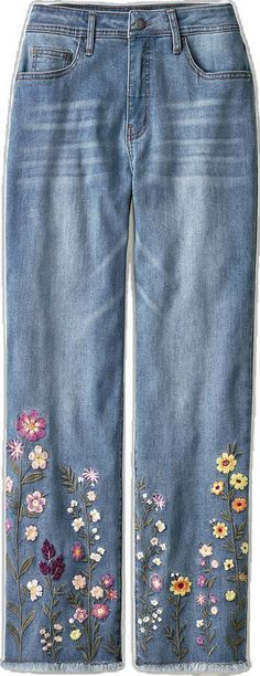 Denim Blue Jeans With Floral Embroidery And Relaxed Fit, Relaxed Fit Denim Blue Jeans With Floral Embroidery, Spring Floral Embroidered Straight Leg Jeans, Casual Bottoms With Embroidered Hem For Spring, Embroidered Medium Wash Relaxed Fit Jeans, Petite Size, Cropped Jeans, Stretch Denim, Straight Leg