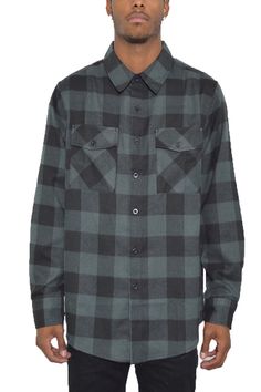 Model is 5'11 wearing size Large. 60% Cotton, 40% Polyester Chest Pockets Button Closure Button Cuff Black Relaxed Fit Collared Flannel Shirt, Black Winter Flannel Shirt With Pockets, Black Flannel Shirt With Pockets For Winter, Black Flannel Shirt With Pockets For Work, Black Relaxed Fit Button-up Flannel Shirt, Black Collared Flannel Shirt For Winter, Casual Flannel Shirt With Snap Buttons For Work, Winter Shirt With Snap Buttons And Relaxed Fit, Black Flannel Button-up Outerwear