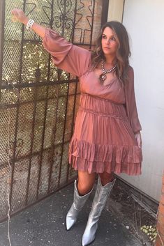 Dinner by Moon Light Dress Country Western Dresses Plus Size, Moon Light Dress, Plus Size Cowboy Boots Outfit, Romantic Fall Outfits, Dress And Cowgirl Boots, Country Western Dresses, Moonlight Dress, Western Dress With Boots, Fall Wedding Guest