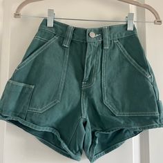 Perfect Shorts For Summer That Are Such A Fun Color. Never Worn Green Bottoms With Pockets For Day Out, Mid-rise Shorts With Pockets For Summer, Mid-rise Summer Beach Pants, Mid-rise Pants For Beach In Summer, Trendy Jean Shorts With Pockets For Vacation, Green Summer Jean Shorts, Green High-waisted Jean Shorts For Summer, Green High-waisted Summer Shorts, High Waist Green Summer Shorts