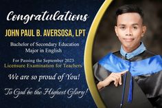 an image of a young man in graduation gown and cap with the words congratulations to john paul b averosa, lpt