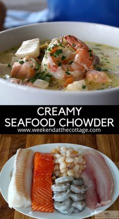 the seafood chowder is served with shrimp, scallops and broth