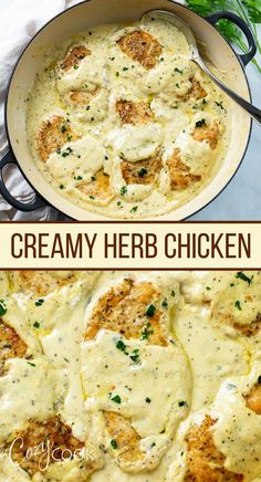 A skillet full of Creamy Herb Chicken with fresh parsley on top. Creamy Chicken Meal Prep, Creamy Herb Chicken Recipes, Creamy Chicken Dinner Recipes, Easy Wedding Meals, Easy Cream Of Chicken Recipes, Chicken Breast With Sauce Recipes, Cream Of Chicken Chicken Recipes, Chicken And Heavy Cream Recipes, What Goes With Mashed Potatoes