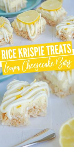 rice krispie treats with lemon cheesecake bars in the middle and on plates next to them