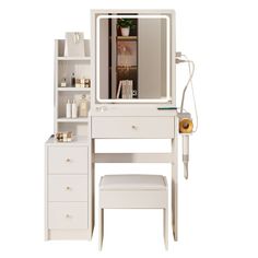 a white dressing table with a mirror and stool next to it on a white background