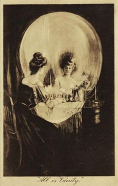 an old photo of two women in front of a mirror