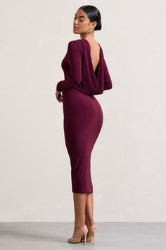 Dynasty Darling Burgundy Cowl-Neck Long-Sleeved Bodycon Midi Dress – Club L London - USA December Wedding Guest Dresses, Long Sleeve Burgundy Midi Dress For Winter, Burgundy Midi Dress Long Sleeve, Long Sleeve Burgundy Bodycon Dress, Bordeaux Dress Bodycon Midi, Long Sleeve Evening Dress, Burgundy Bodycon Dress, Long Sleeve Bodycon Midi Dress, Cocktail Dresses With Sleeves