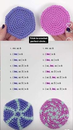 three crocheted circles are shown in different colors and sizes, with the numbers on each