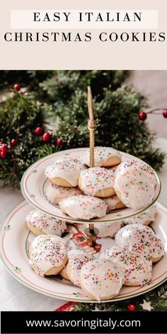 christmas cookies are stacked on plates with the words easy italian christmas cookies