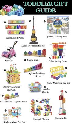 the ultimate toddler gift guide is shown in this image, including toys and other items