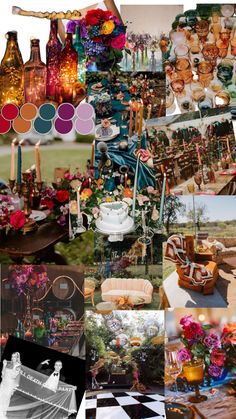 a collage of photos with flowers, candles and other things in the background that include wine bottles