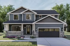 a two story house with gray siding and white trim