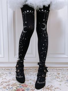 Black/Blue/Beige Star and Moon Print Pantyhose Tights Moon And Star Outfit, Moon Outfit Design, Star Clothing Aesthetic, Moon Fairy Outfit, Mooncore Aesthetic Outfit, Moon Themed Clothes, Star Aesthetic Outfit, Astronomy Clothes, Moon Witch Costume