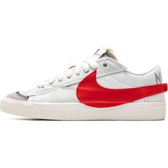 Nike's Signature Low-Top Blazers Sneakers Are Updated For A Contemporary Audience With An Oversized Logo To Each Outer Wall. In White And Red Hues, The Classic Silhouette Features A Branded Foam Tongue And Jumbo Laces. Nike Skateboarding Sneakers With Rubber Waffle Outsoles, Nike Custom Sneakers For Skateboarding With Rubber Waffle Outsoles, Custom Low-top Sneakers With Rubber Waffle Outsoles, Medium Fit Low-top Running Shoes With Rubber Sole, Low-top Running Shoes With Rubber Sole And Medium Fit, Nike Low-top Skateboarding Sneakers, Nike Sneakers With Rubber Sole, Nike Sneakers With White Contrast Sole, Nike Lace-up Skate Shoes With Vulcanized Sole