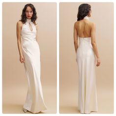 two pictures of a woman in a white dress and one is wearing a halter top