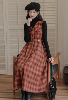 Button down plaid pinafore with faux chest pockets, side pockets and a belted waist. S: 33" chest, 26.5" waist, 45" lengthM: 34.5" chest, 28" waist, 45" lengthL: 36" chest, 29.5" waist, 45.5" lengthXL: 37.5" chest, 31" waist, 45.5" length Silly Outfits, Fashion Through The Years, Modern Dresses, Modest Fits, Pinafore Dress, Modern Dress, Fashion Korean, Overall Dress, Dress With Cardigan