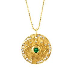 NEW! 18k Emerald Eye of Protection Coin Pendant - Logan Hollowell Jewelry Turquoise Eyes, Emerald Eyes, Coin Pendant Necklace, White Gold Chains, Gold Eyes, Diamond Cross Pendants, Evil Eye Pendant, Solid Gold Jewelry, Coin Necklace