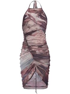 multicolour abstract pattern print ruched detailing halterneck rear zip fastening knee-length open back tulle trim Printed Tulle Dress, Tulle Short Dress, Christophe Decarnin, Balmain Dress, Pastel Print, Pierre Balmain, Airport Fashion, Tulle Dress, Gray Dress