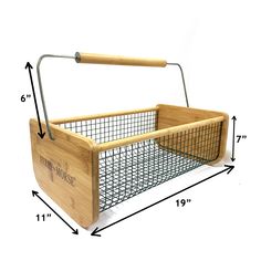 a wooden basket with metal handles and measurements