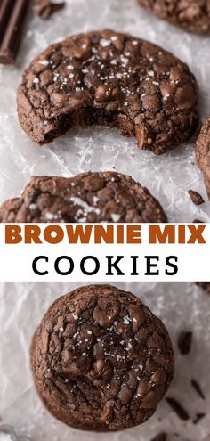 chocolate brownie mix cookies on parchment paper with text overlay that reads, browned chocolate cookie