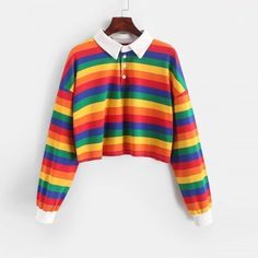 Long Sleeve Rainbow Color Ladies Hoodies With Button Striped Korean Style Sweatshirt Future Punk, Rainbow Crop Top, Crop Top Styles, Tokyo Street Fashion, Womens Tweed, Crop Top Hoodie, Crop Top Sweatshirt, Grunge Look, Striped Sweatshirts