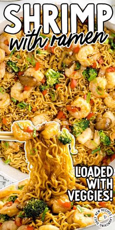 the front cover of shrimp with ramen, loaded with veggies is shown