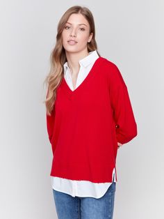 Cranberry V-neck fooler sweater with white shirt collar, featuring a shirttail hem and side slits by Charlie B. Unique Sweaters, Unique Top, Red Sweater, Stay Cozy, White Blouse, Stylish Shirts, Shirt Collar, Sweater Fashion, Red Sweaters