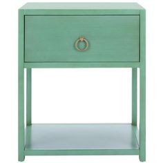 a green bedside table with a gold ring on the top and bottom drawer, against a white background