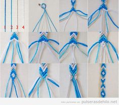 the instructions for making an ornament in blue and white thread, with pictures showing how to tie it together