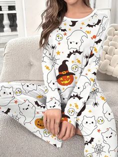 Halloween Fall Pumpkin Print Pajama Set - Soft Long Sleeve Crew Neck Top | eBay White Long Sleeve Sleepwear For Fall, Casual Fitted Long Sleeve Sleepwear, Fitted Casual Long Sleeve Sleepwear, Fall Crew Neck Sleepwear, Casual Fitted Sleepwear For Fall, Casual Fitted Fall Sleepwear, Fitted Casual Sleepwear For Fall, Casual Long Sleeve Sleepwear For Fall, Elastic Waistband Pants